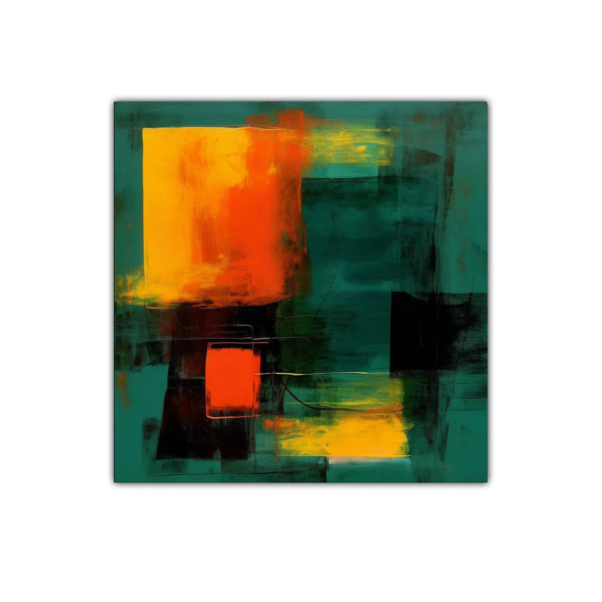 Cuadro abstracto con contraste vibrante en tonos verdes y naranjas