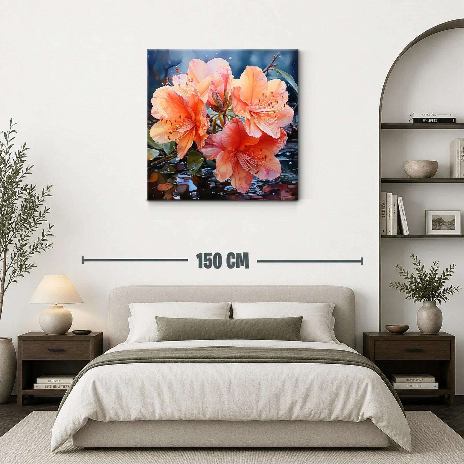 Cuadro vibrante con flores naranjas y reflejos acuáticos — miniatura 3