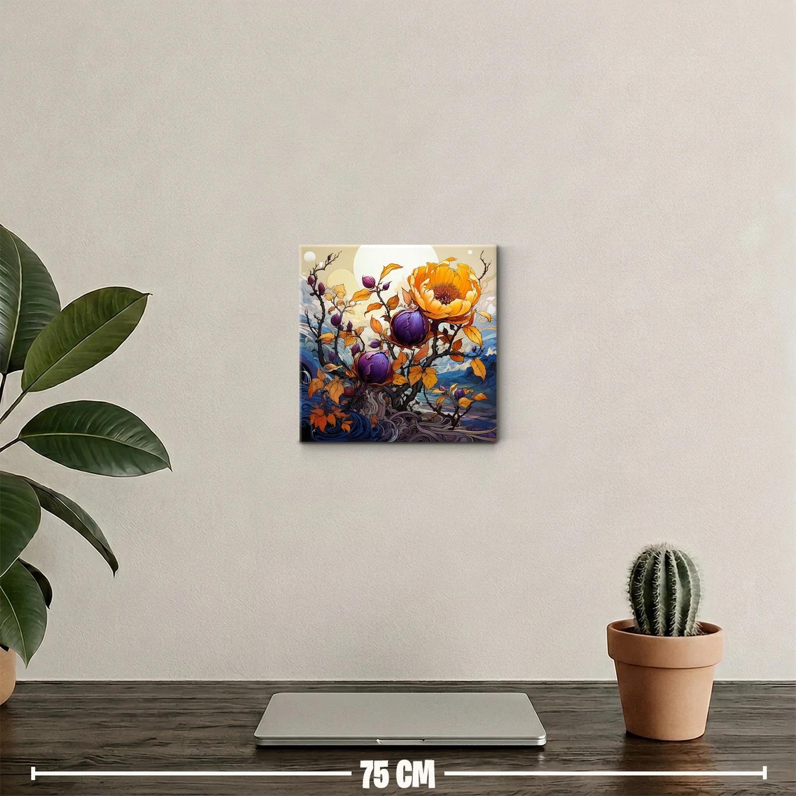 Cuadro decorativo con flores en tonos cálidos y morados — miniatura 2