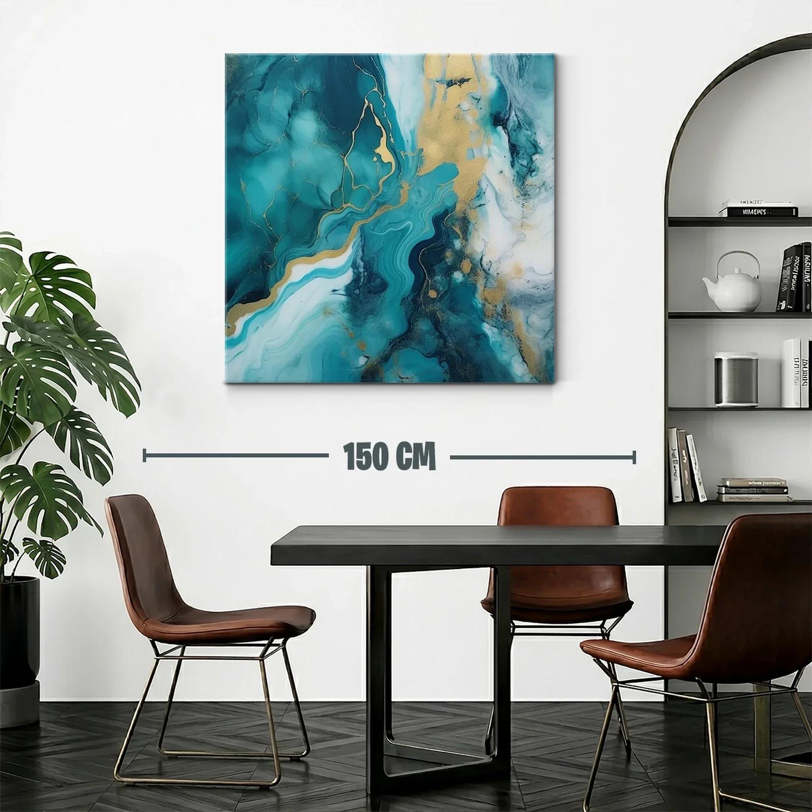 Cuadro abstracto con tonos turquesa y dorado — miniatura 2