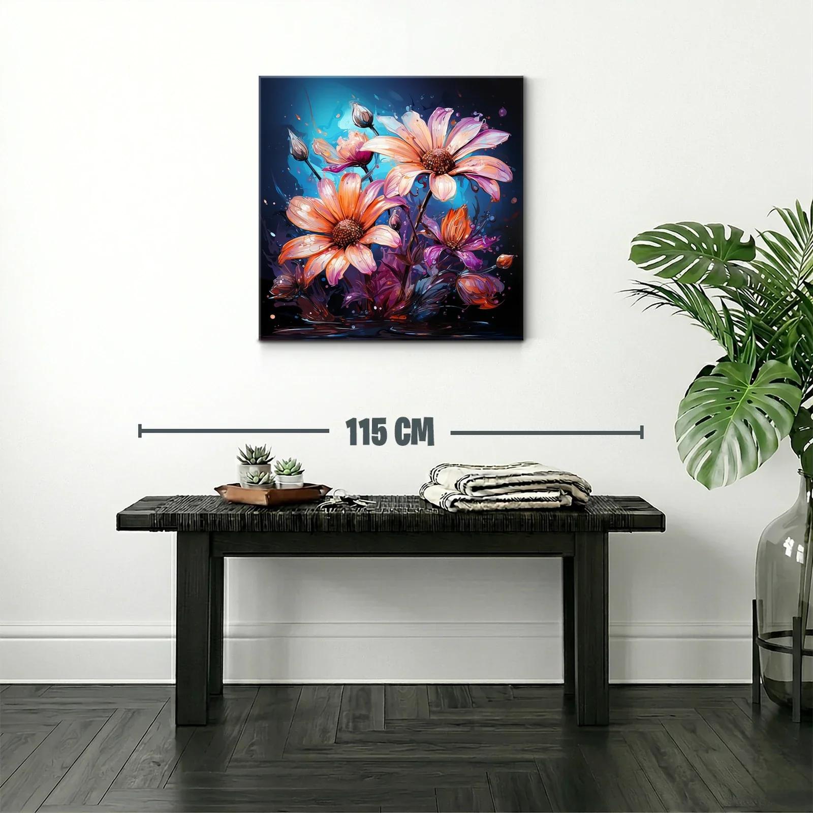 Cuadro con flores vibrantes en tonos cálidos y fondo azul — miniatura 2