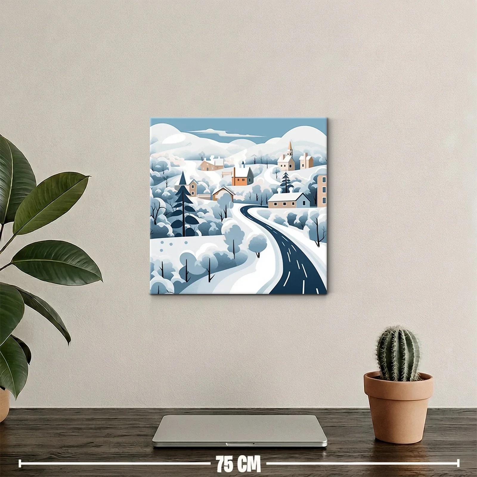 Paisaje invernal con carretera serpenteante y casas — miniatura 2