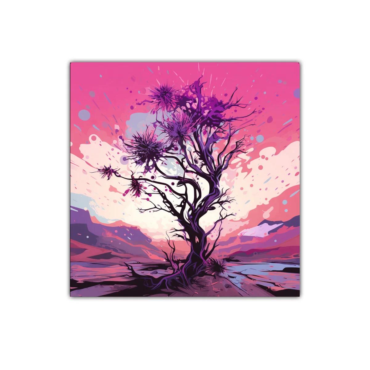 Cuadro árbol solitario retorcido con copas moradas — imagen principal