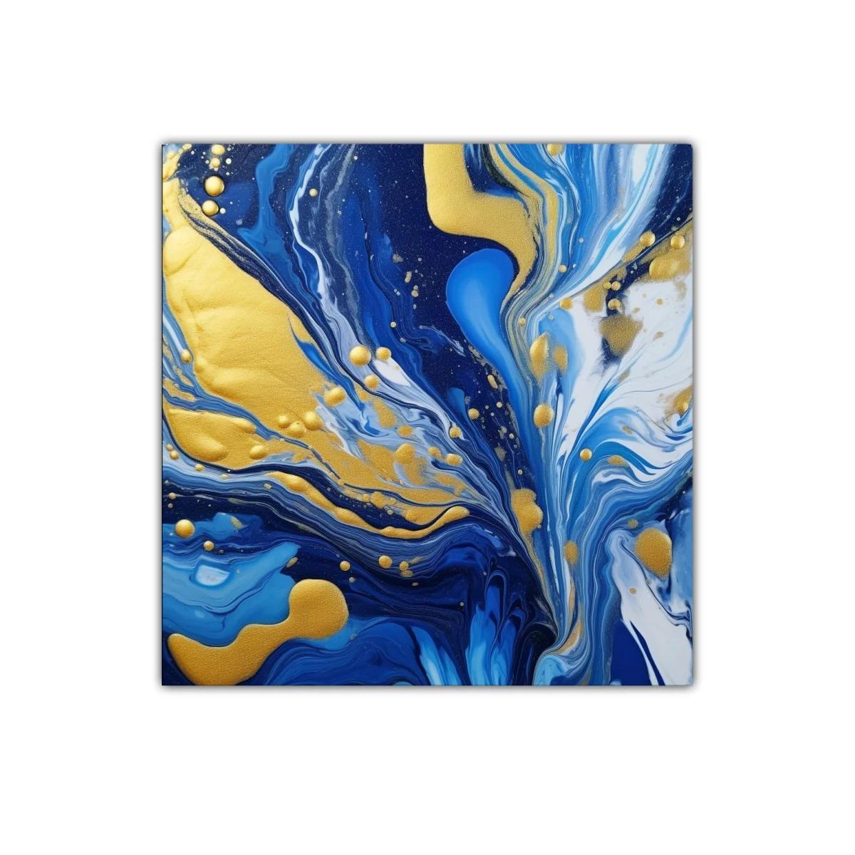 Cuadro abstracto en tonos azules con detalles dorados brillantes