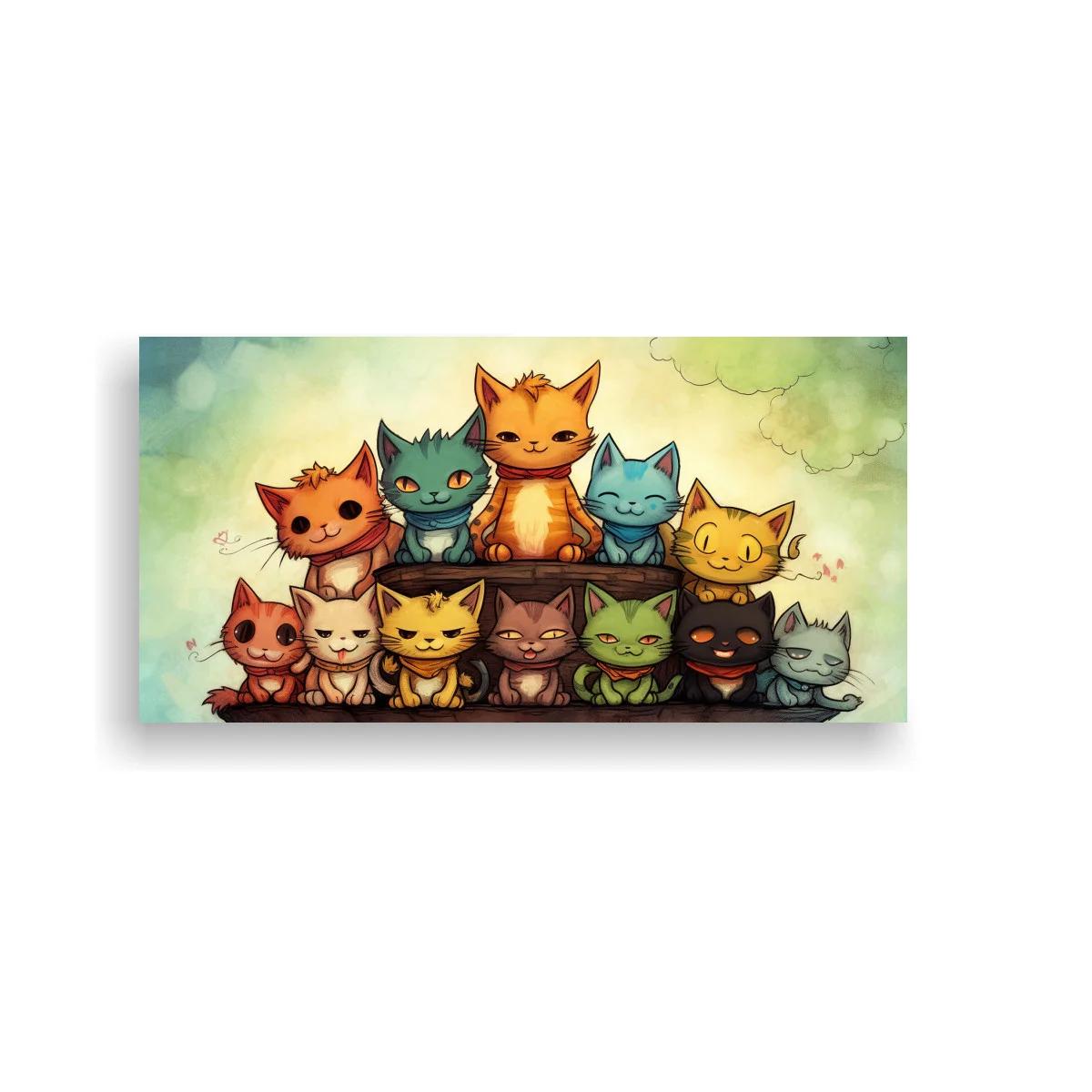 Cuadro grupo de gatos caricaturescos con un gato naranja