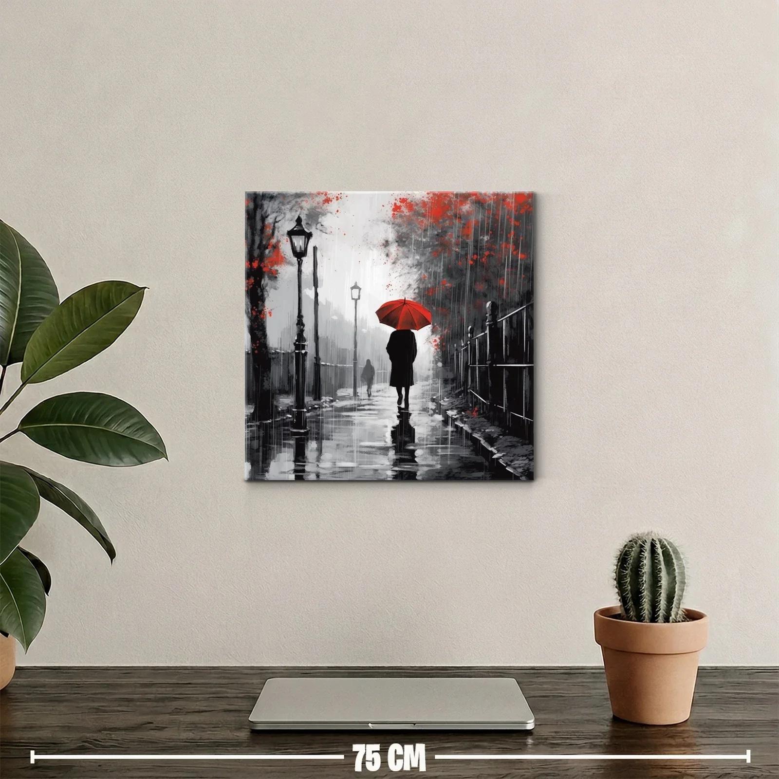 Camino bajo la lluvia con paraguas rojo brillante — miniatura 2