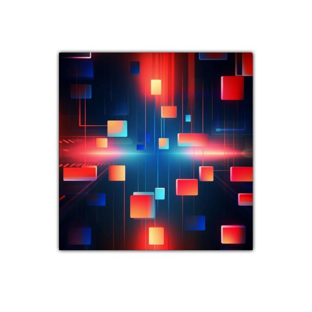 Composición abstracta con cuadrados en tonos vibrantes y oscuros