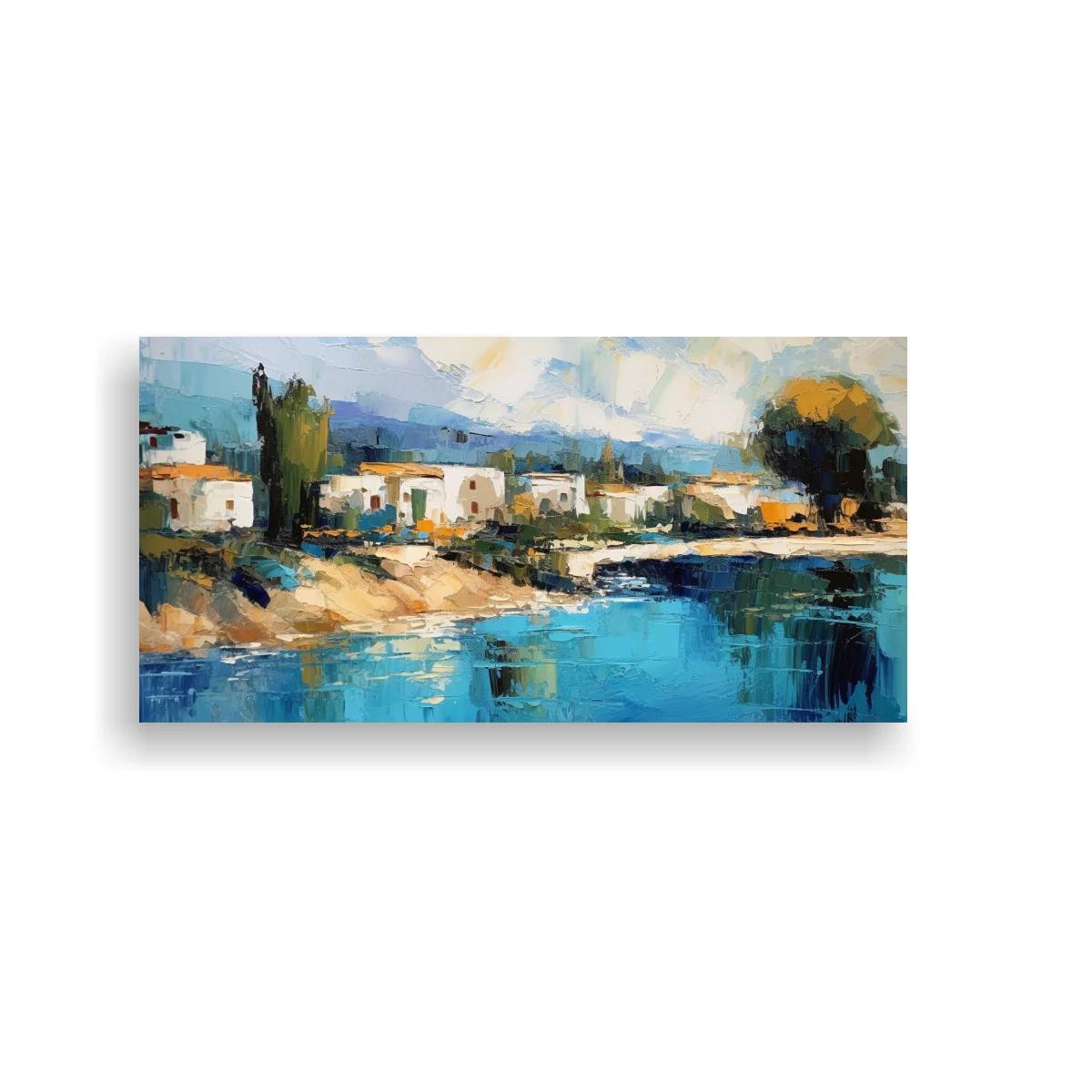 Cuadro pueblo junto al lago con orilla arenosa