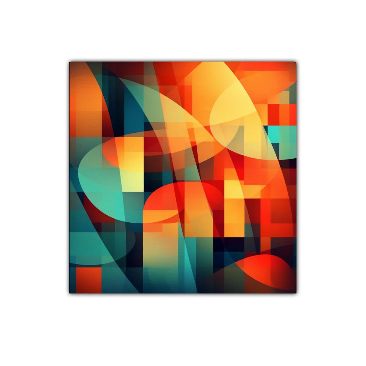 Cuadro decorativo con formas abstractas y tonos cálidos y fríos