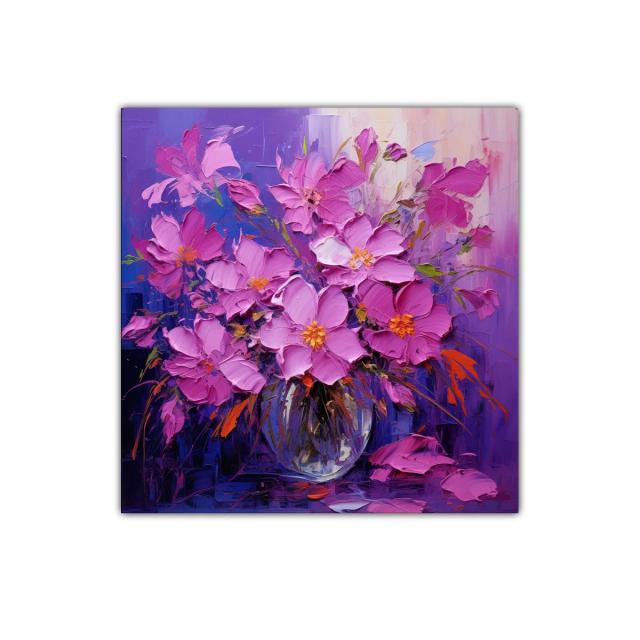 Cuadro floral vibrante con flores rosadas y fondo púrpura