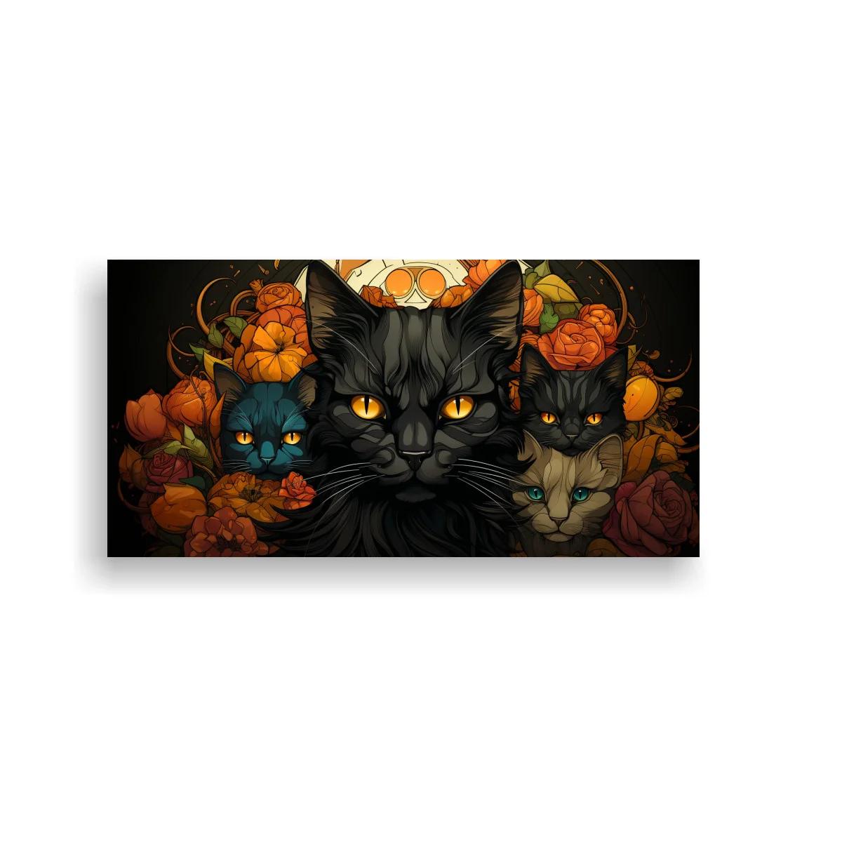 Cuadro grupo de gatos negros de ojos brillantes con flores