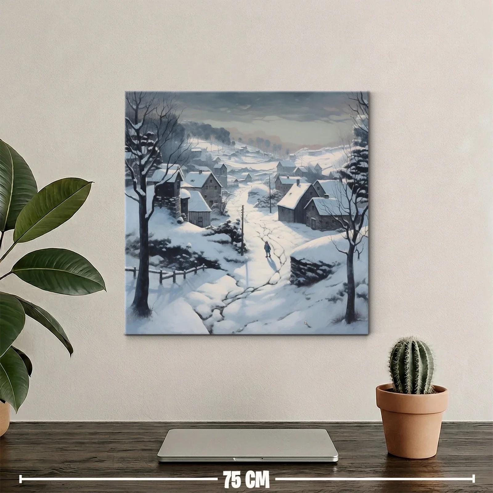 Paisaje nevado con aldea y silueta solitaria en invierno — miniatura 2