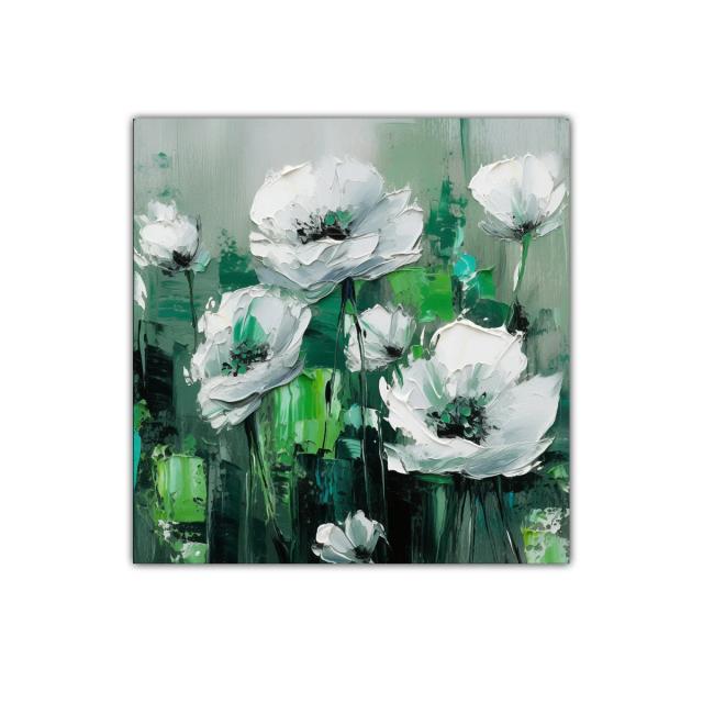 Cuadro decorativo con flores blancas sobre fondo verde intenso