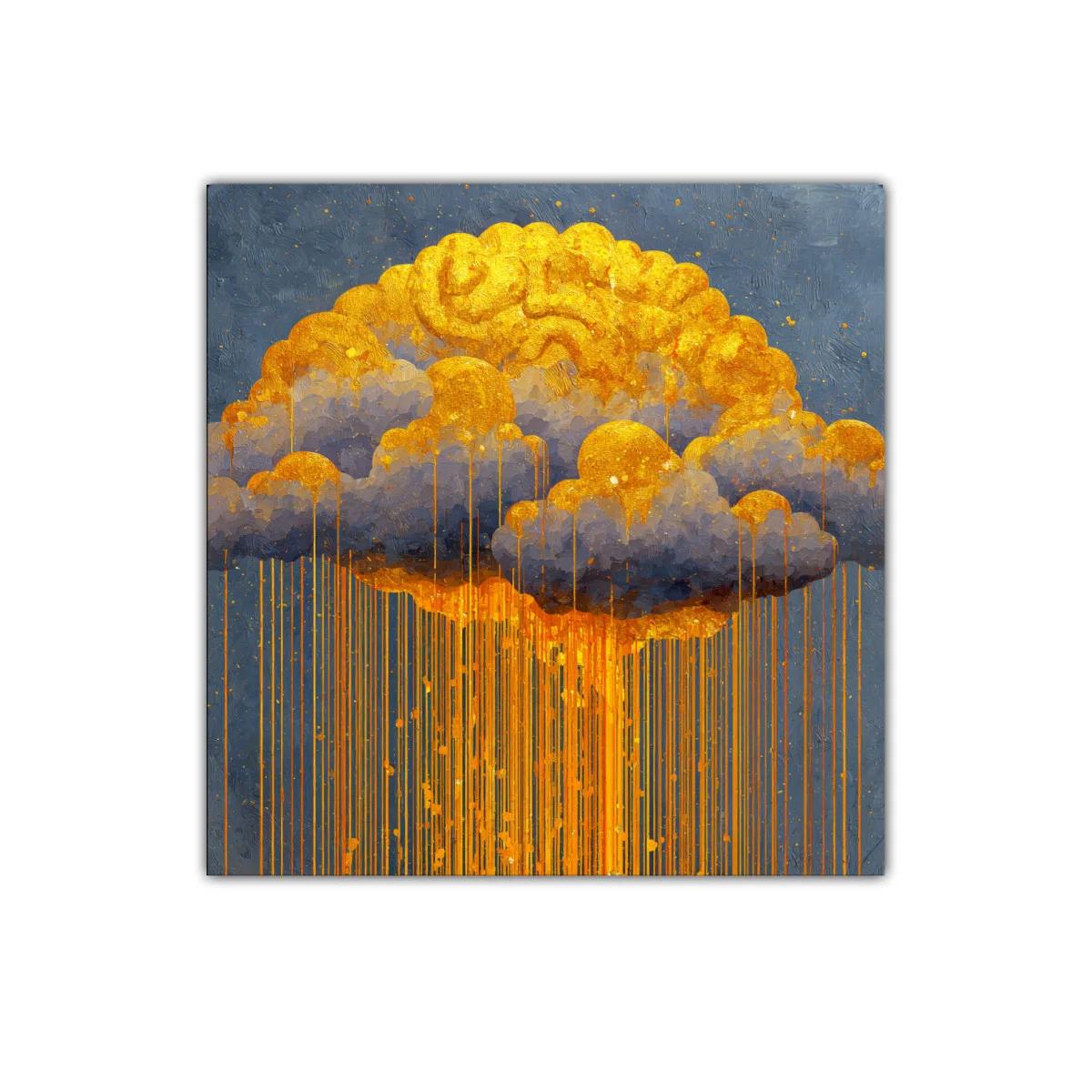 Cuadro abstracto con lluvia dorada sobre nubes grises