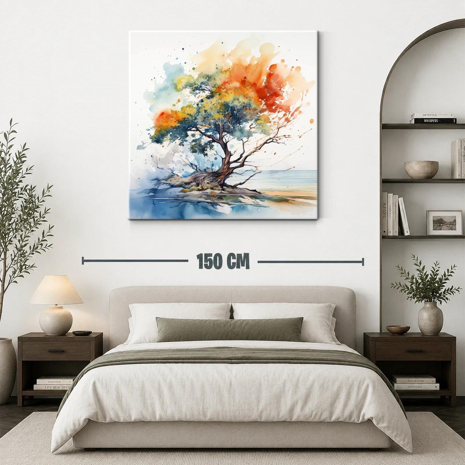 Árbol solitario con vibrantes tonos otoñales y azules suaves — miniatura 3