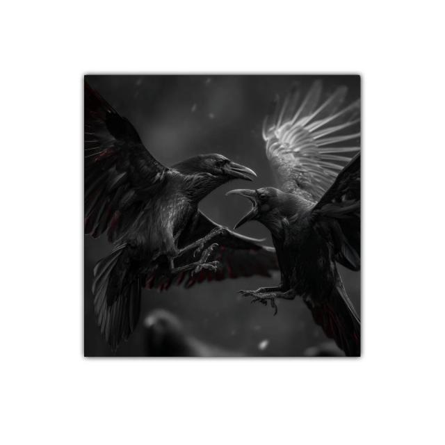 Cuadro decorativo de cuervos en vuelo y confrontación