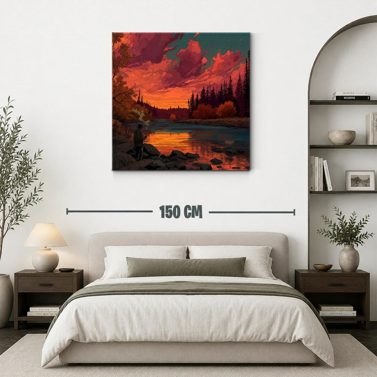 Puesta de sol vibrante en río con pescador solitario — miniatura 3