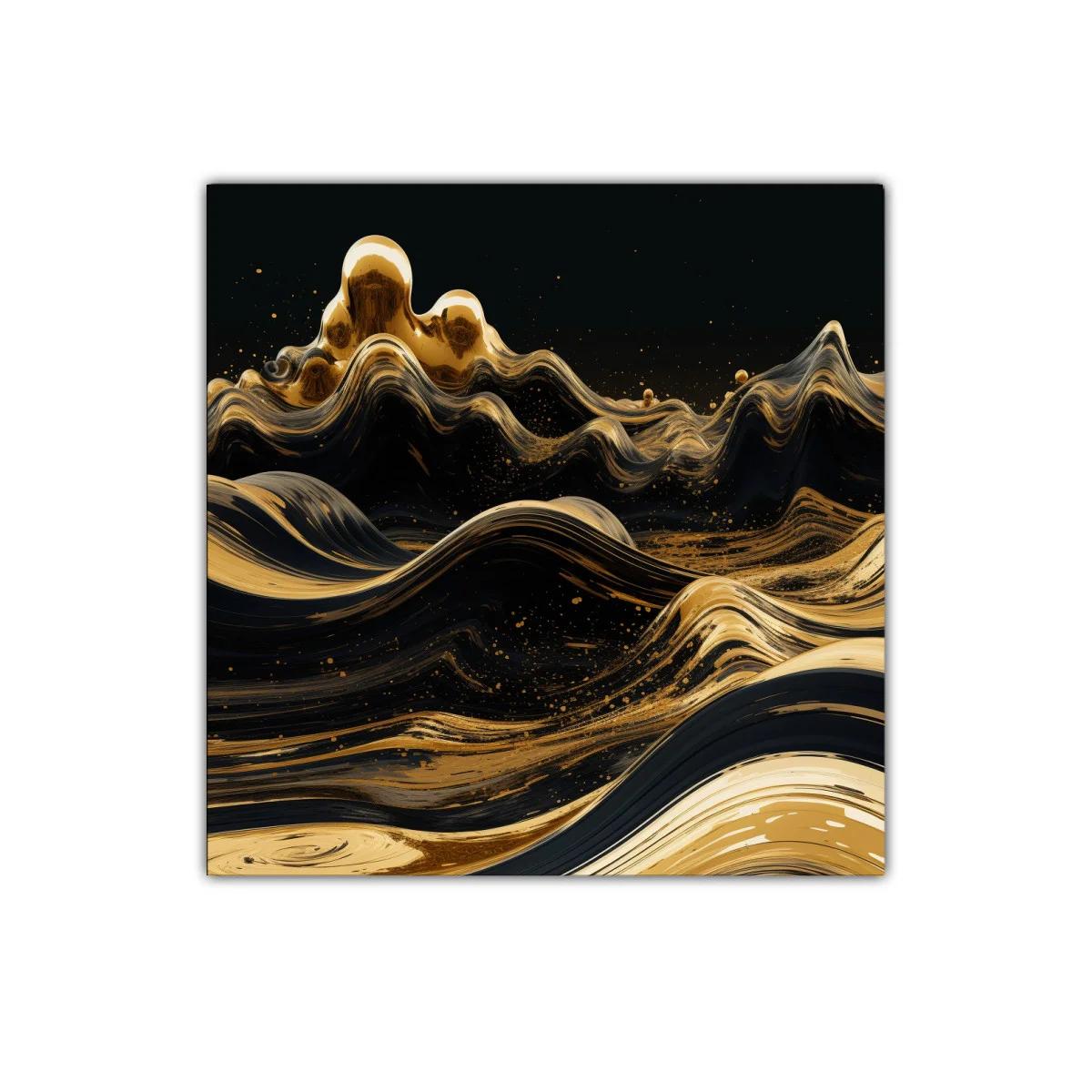 Cuadro abstracto con olas doradas sobre fondo negro