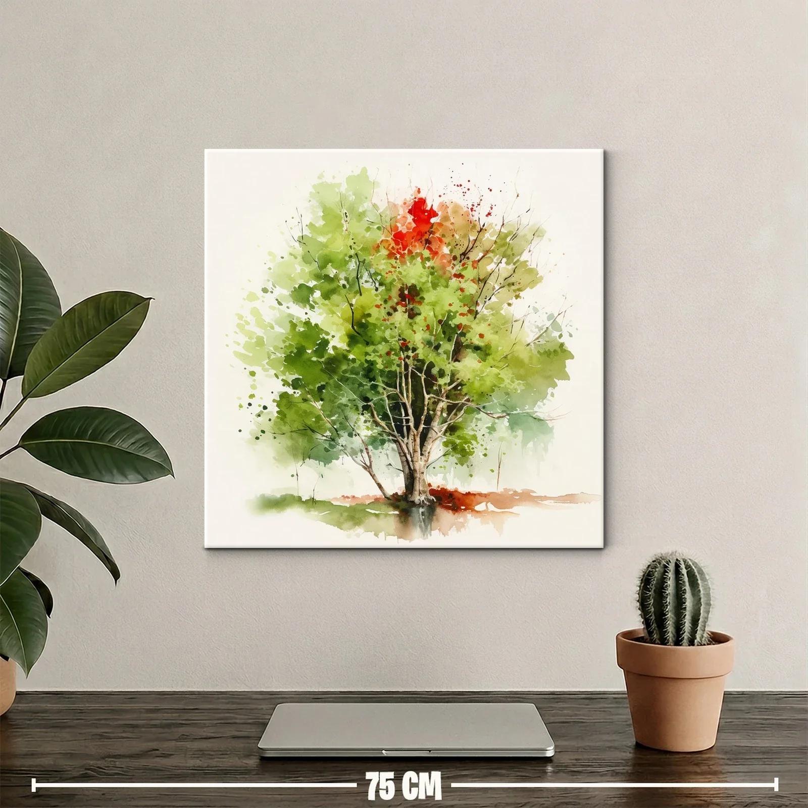 Árbol en acuarela con tonos verdes y toques otoñales — miniatura 2