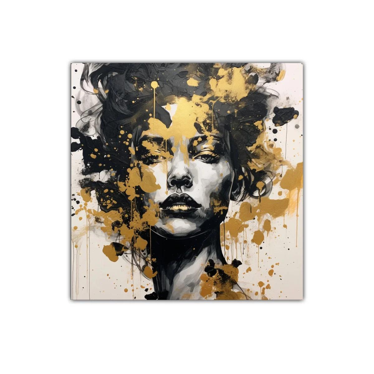 Retrato abstracto femenino con toques dorados y negros