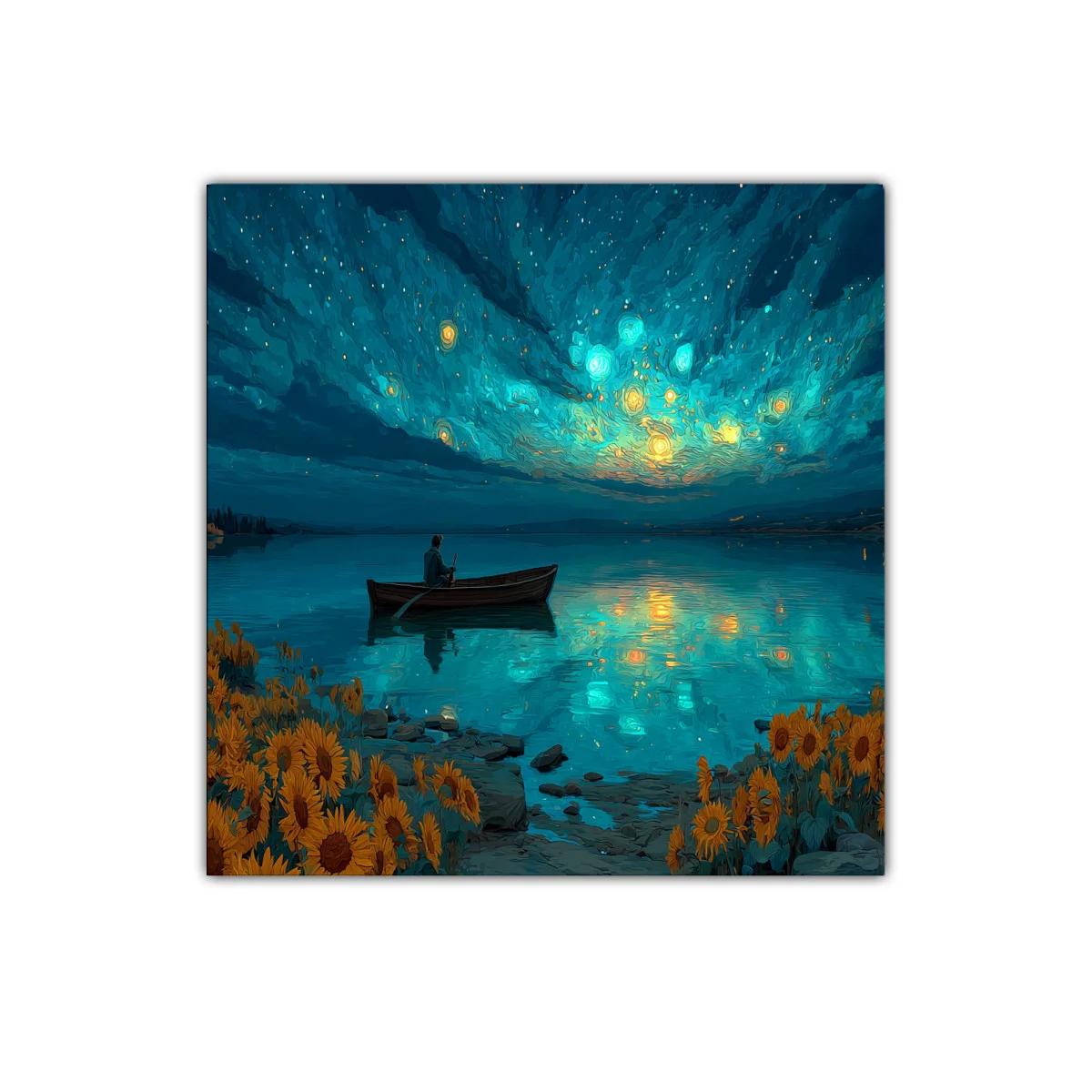 Tranquilidad nocturna entre girasoles y luz estelar — miniatura 1