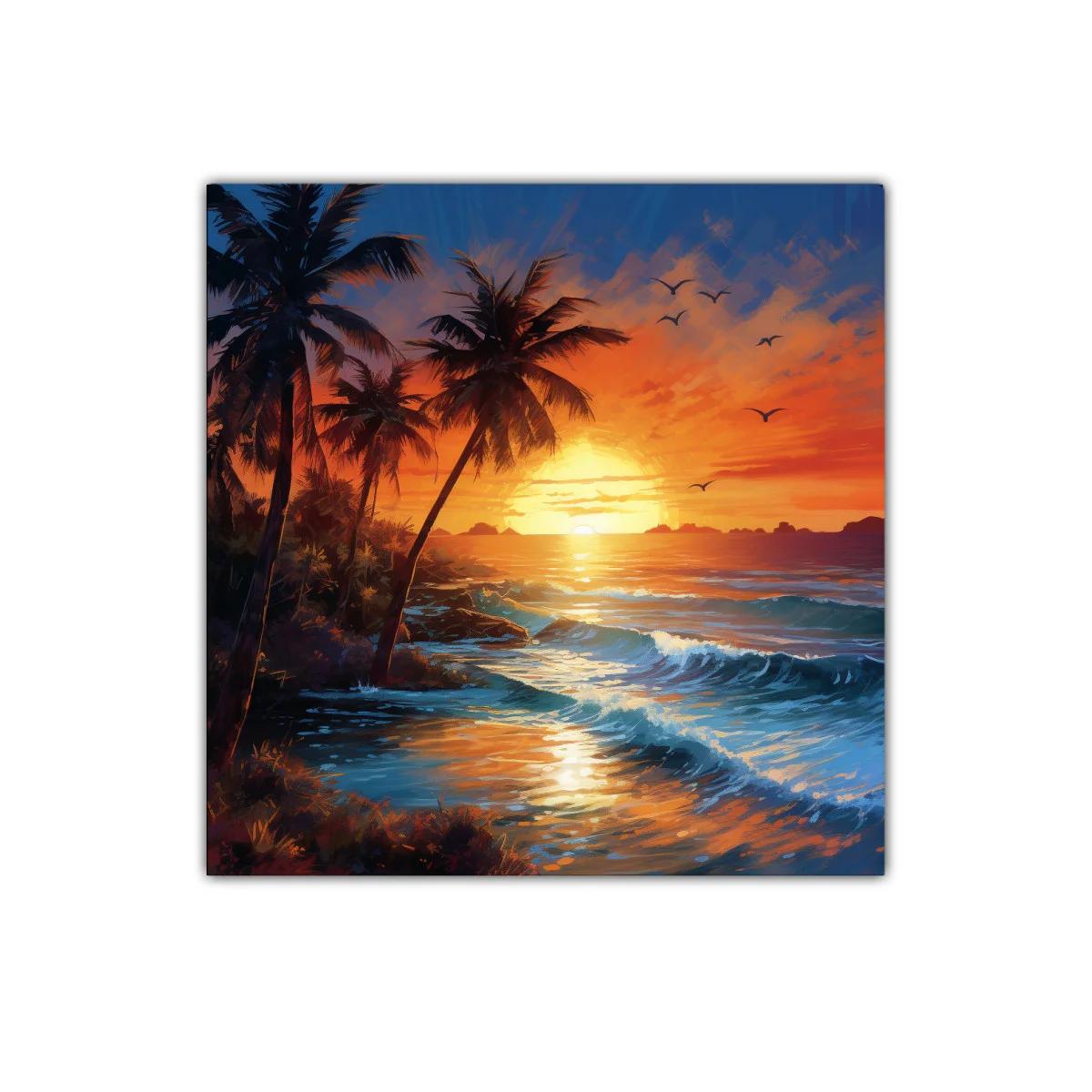 Atardecer en la playa con palmeras y olas en calma — imagen principal