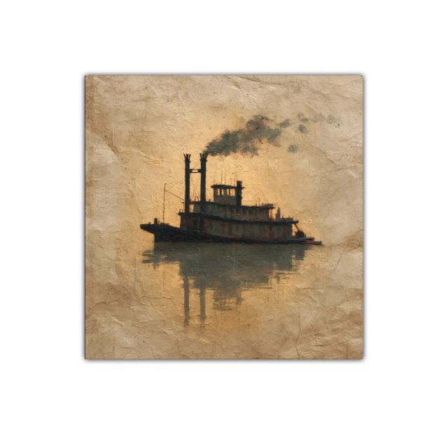 Barco de vapor vintage con reflejos en tonos cálidos