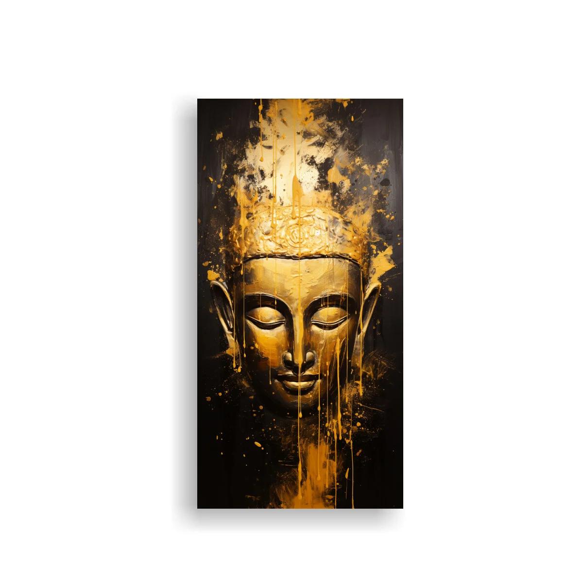 Cuadro rostro de Buda dorado con salpicaduras y goteos — imagen principal