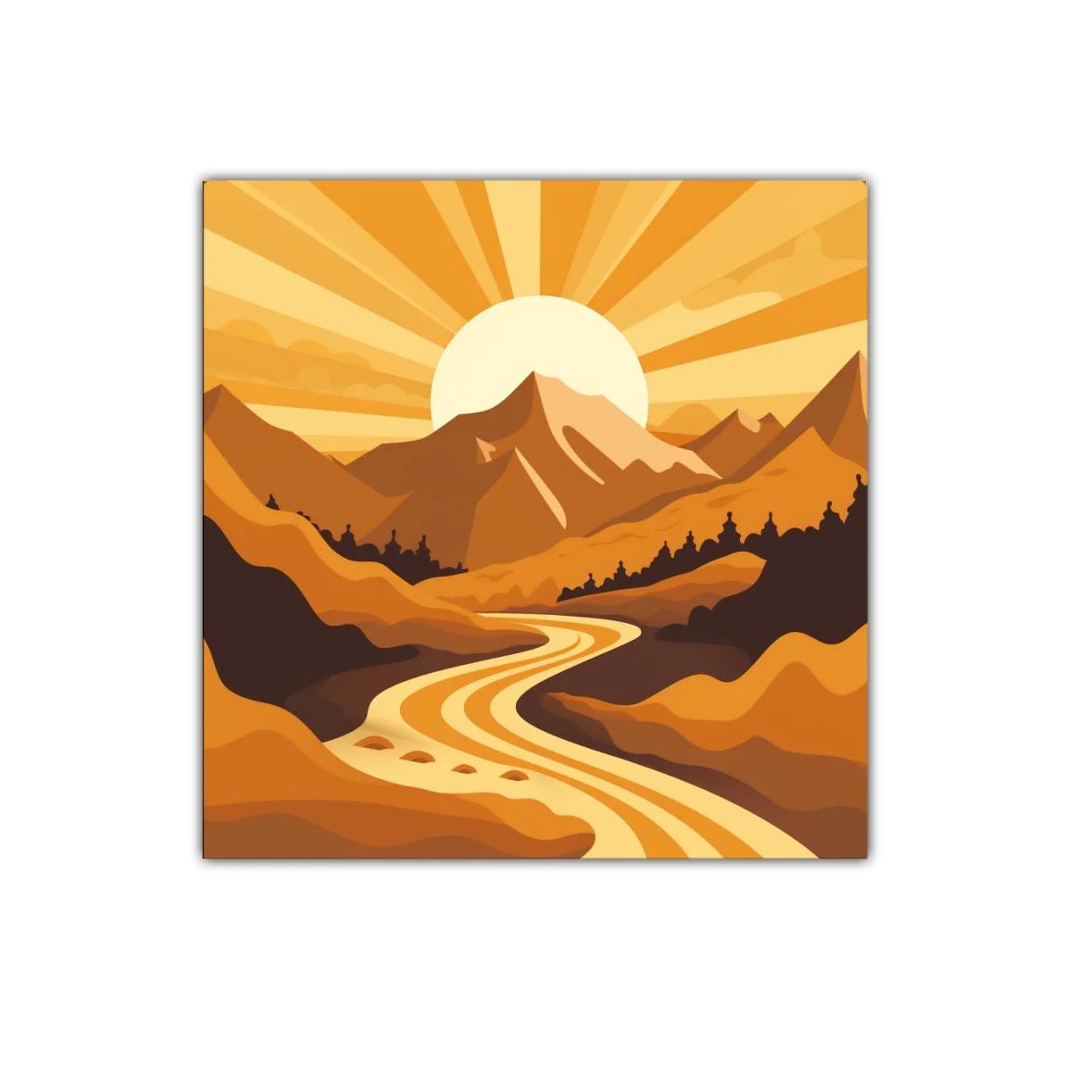Paisaje de montaña al amanecer con río dorado