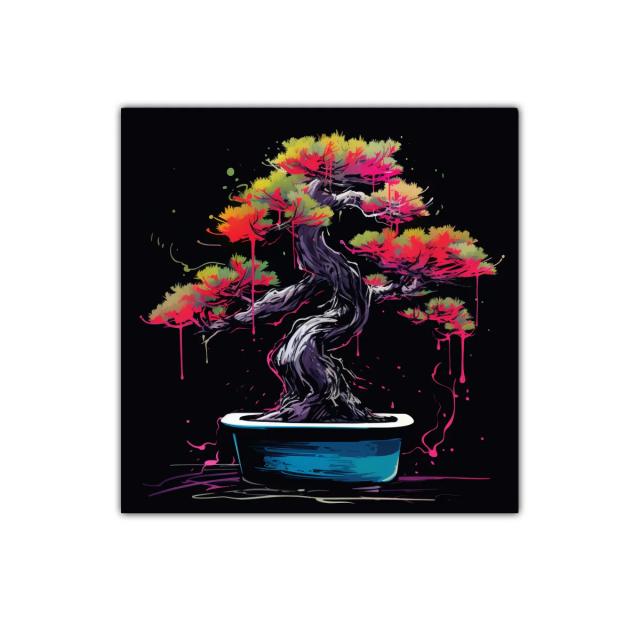 Árbol bonsái vibrante con tonos neón sobre fondo oscuro