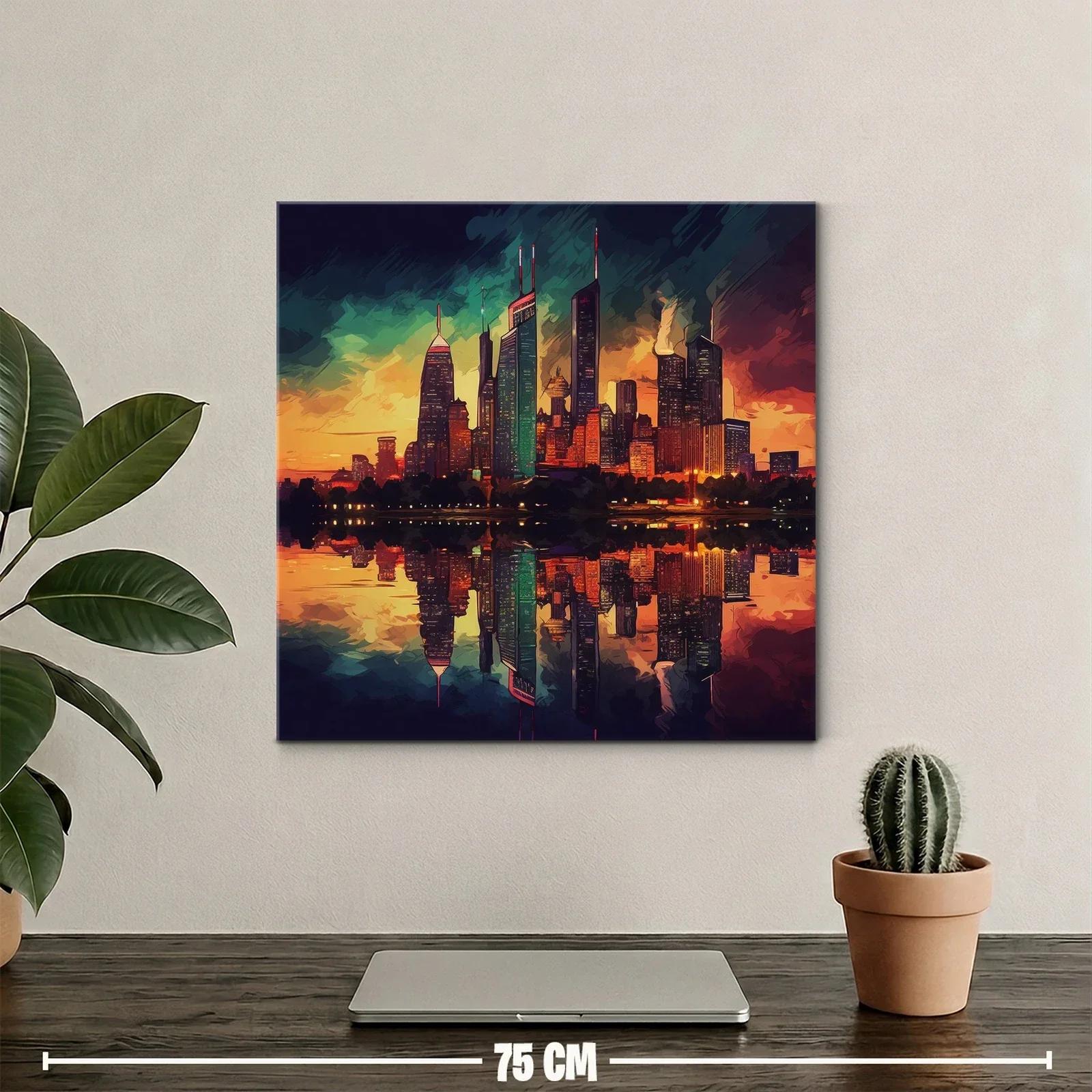 Atardecer vibrante sobre ciudad con reflejo en agua — miniatura 2