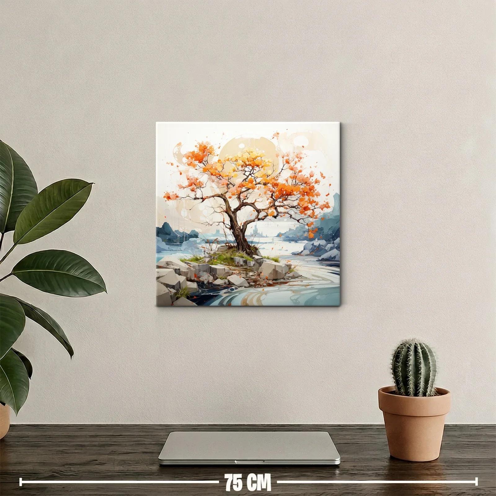 Árbol otoñal vibrante en paisaje sereno de río y rocas — miniatura 2