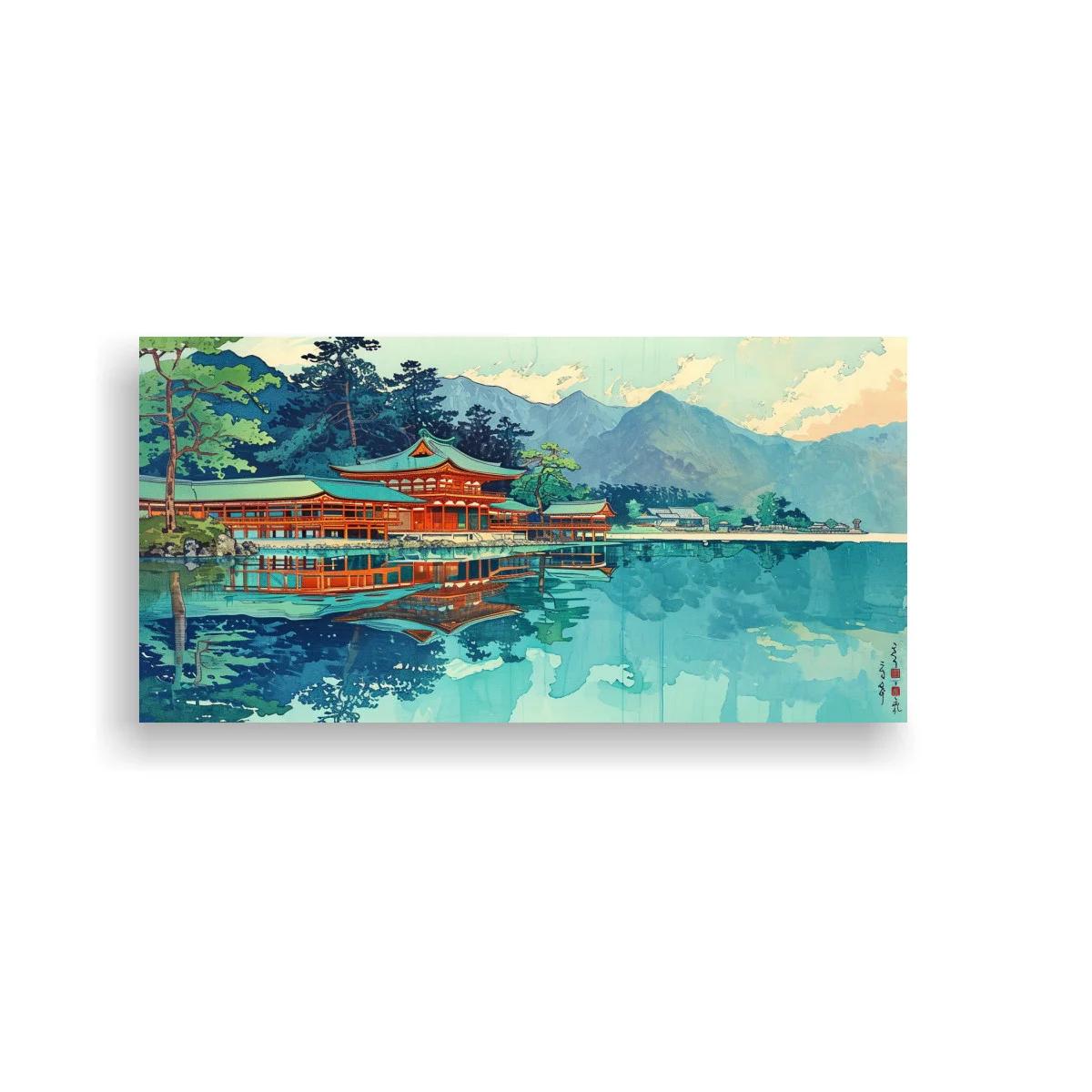Cuadro templo japonés junto al lago con reflejo panorámico