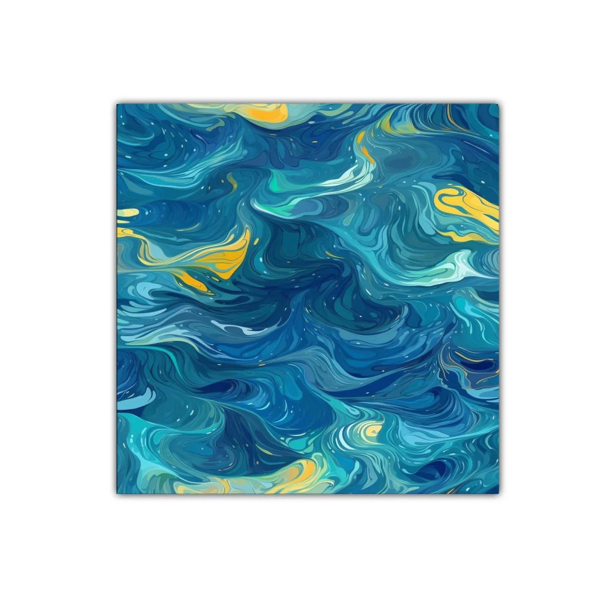 Cuadro abstracto con remolinos azules y toques amarillos