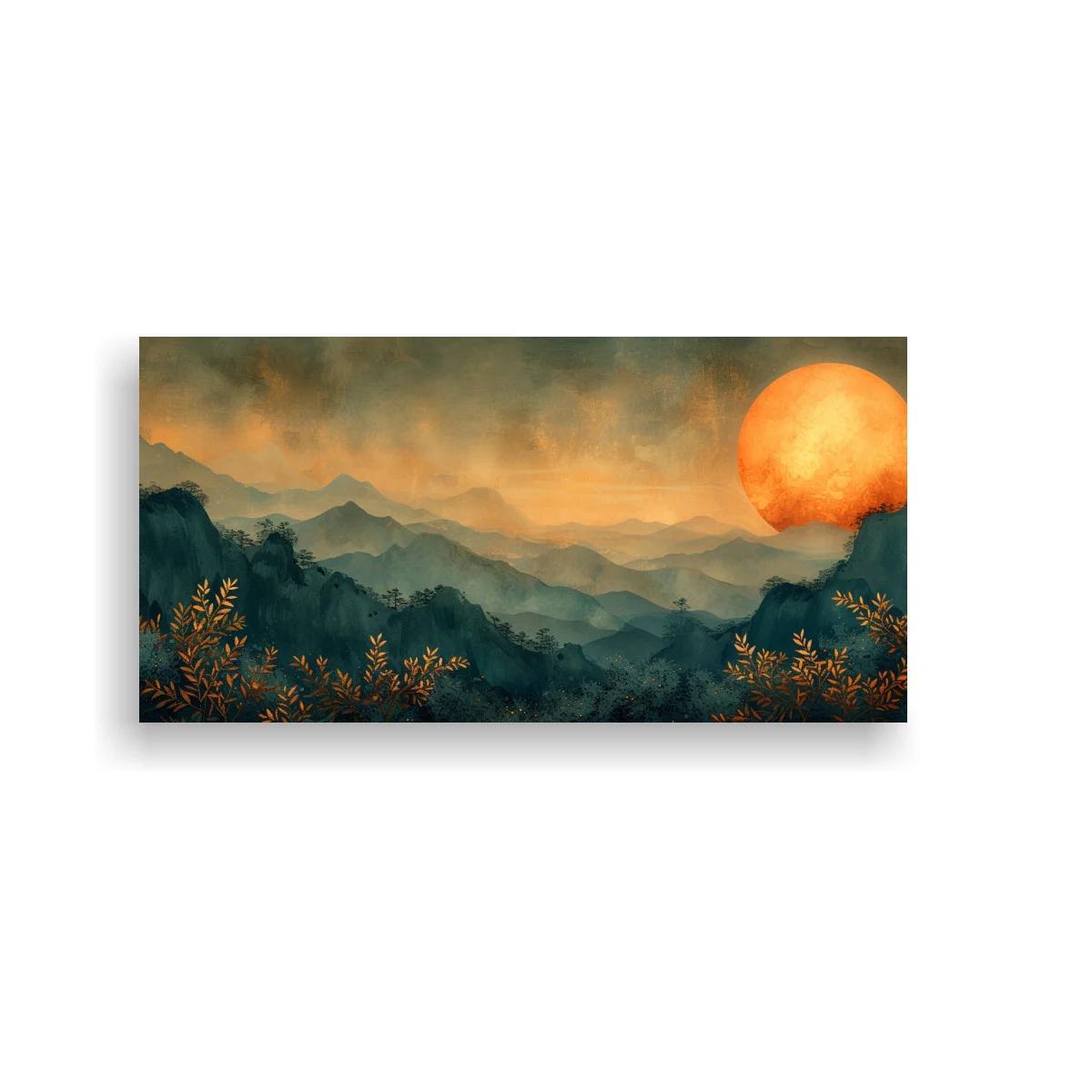Cuadro sol rojo sobre montañas enmarcado por vegetación