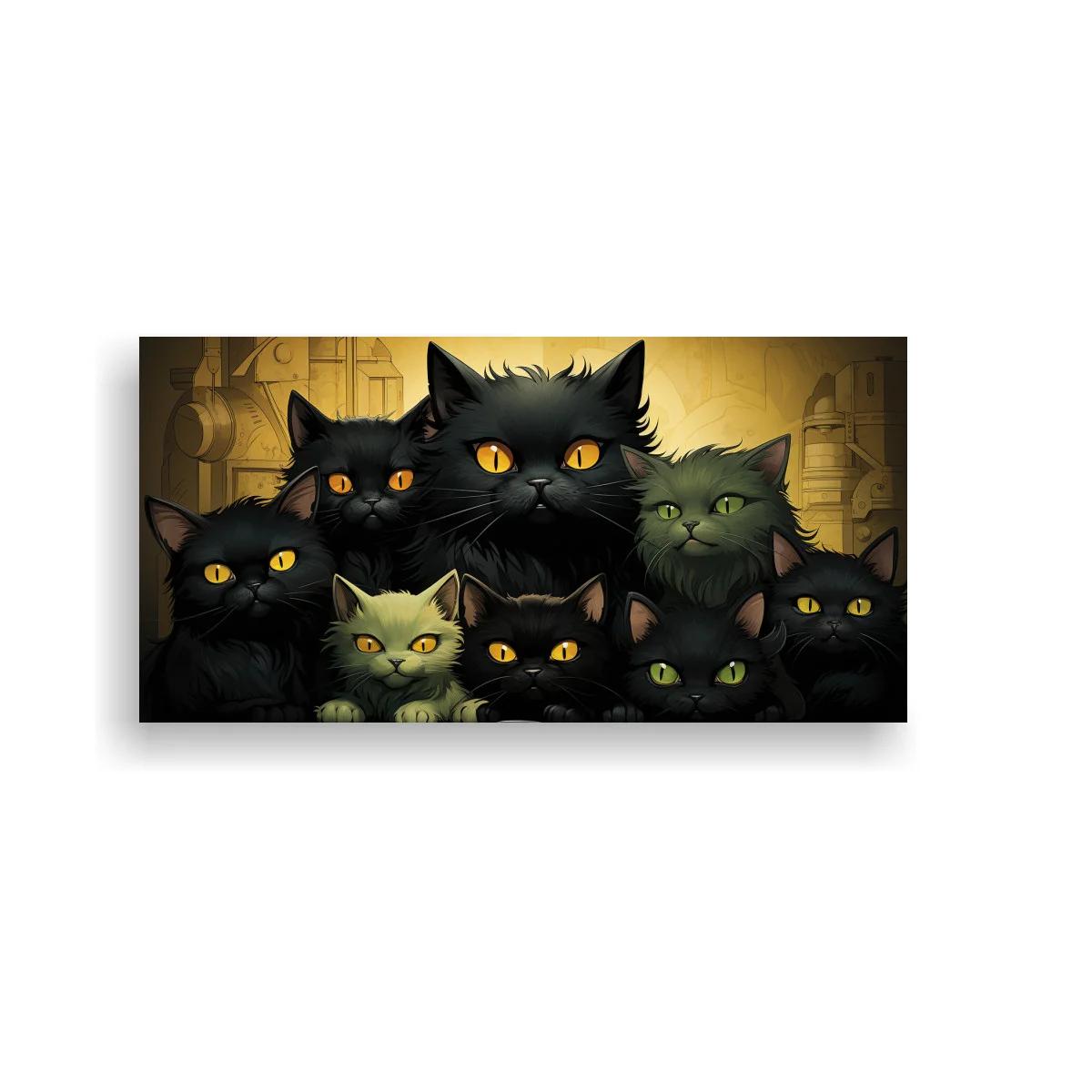 Cuadro grupo de gatos negros con fondo dorado