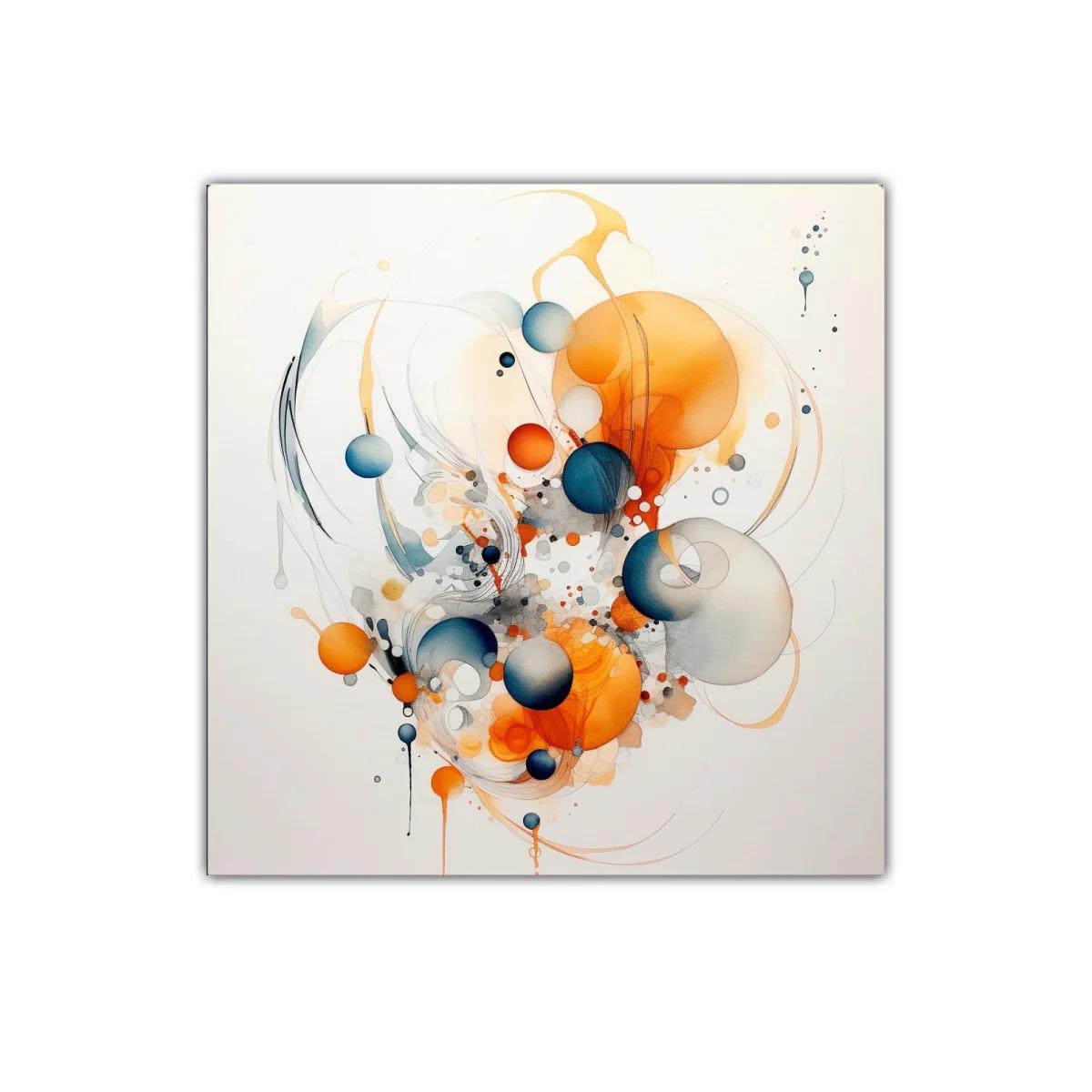 Cuadro abstracto con esferas en tonos cálidos y fríos