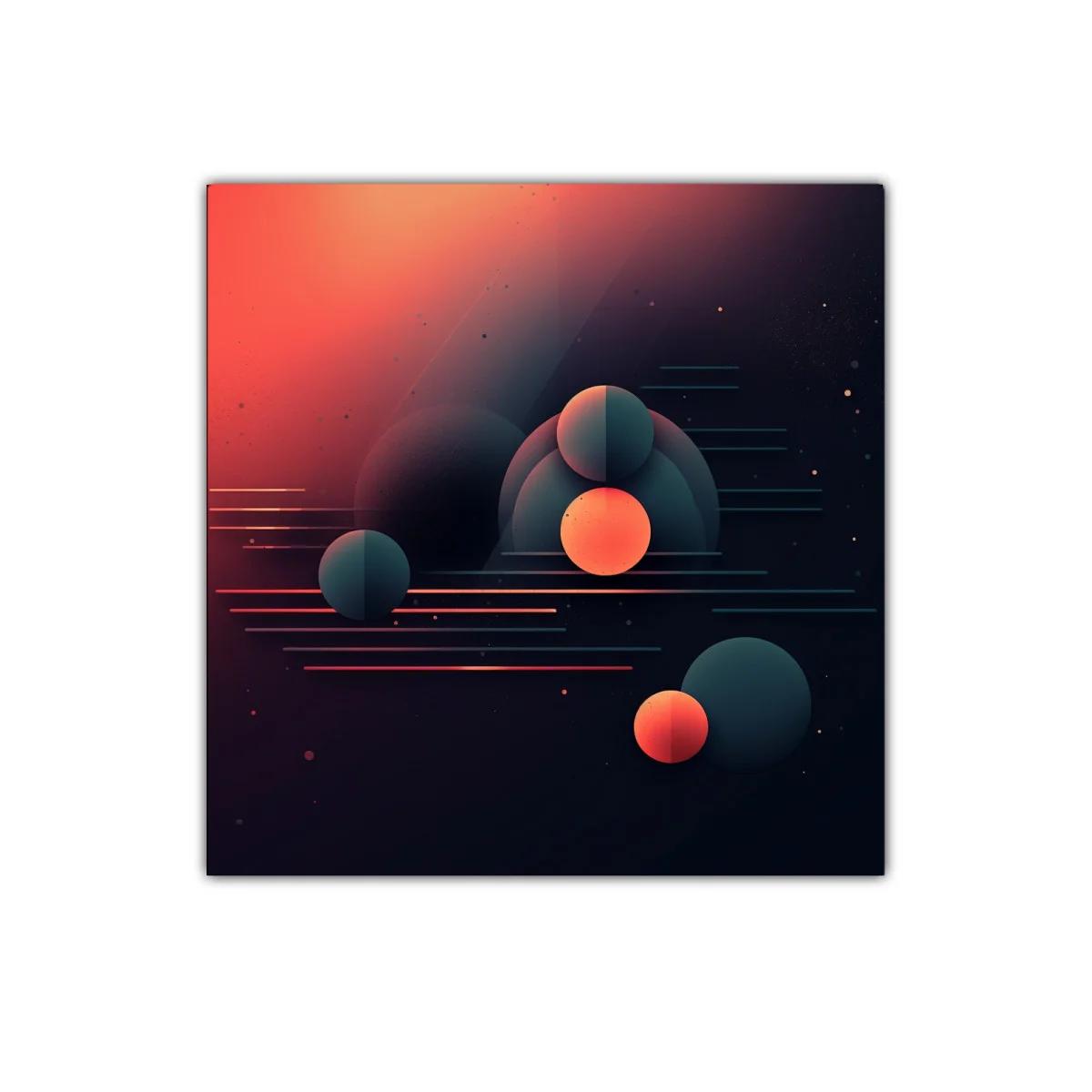 Composición abstracta con esferas y líneas en tonos cálidos