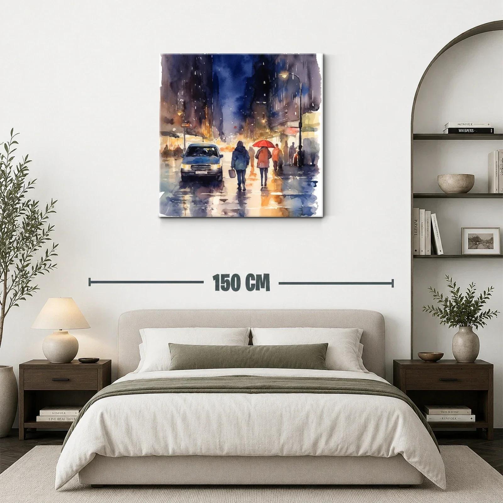 Atardecer lluvioso en ciudad con luces y siluetas urbanas — miniatura 3