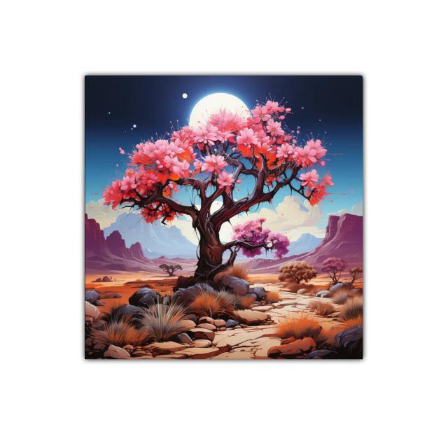 Árbol florido bajo luna llena en paisaje desértico