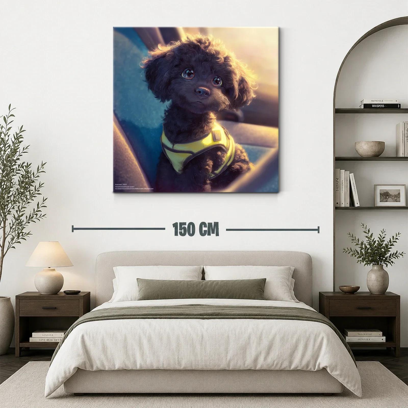 Tierno perro negro con arnés amarillo al atardecer — miniatura 3