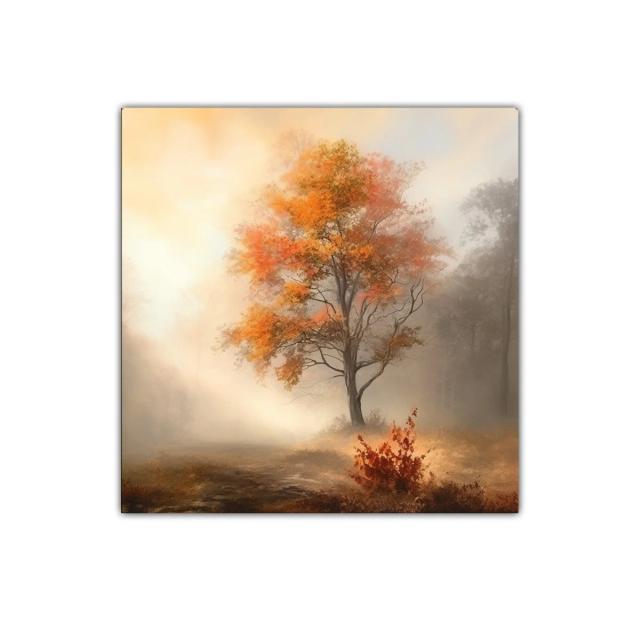 Cuadro decorativo con árbol otoñal en ambiente nebuloso