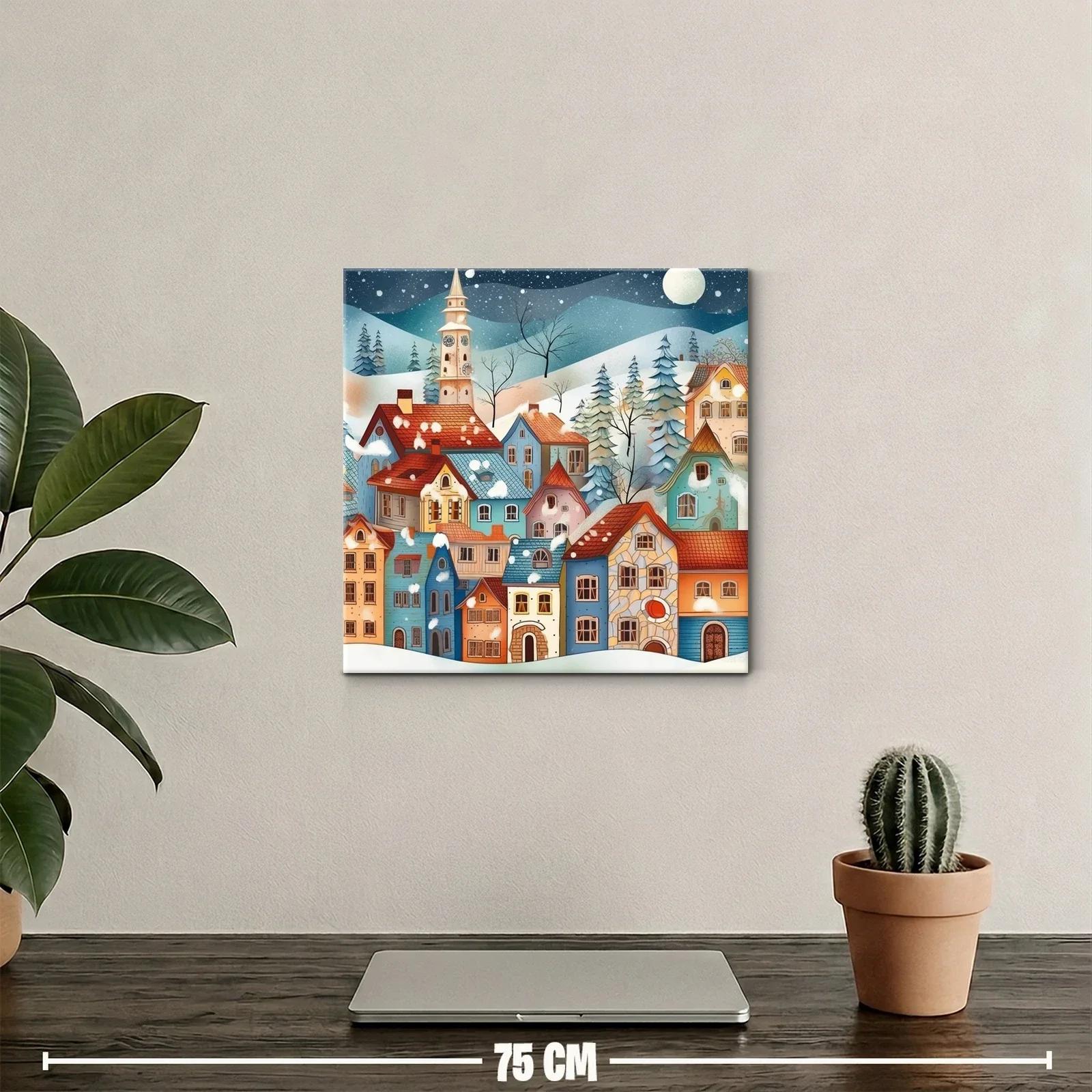 Pintoresco pueblo nevado bajo luna llena — miniatura 2