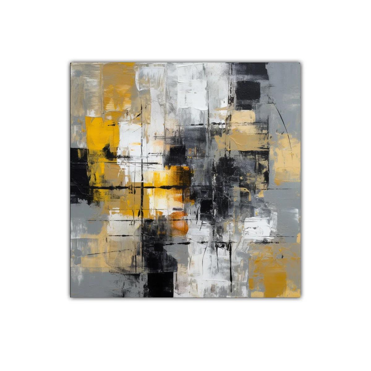 Cuadro abstracto con tonos dorados y acentos en negro y gris