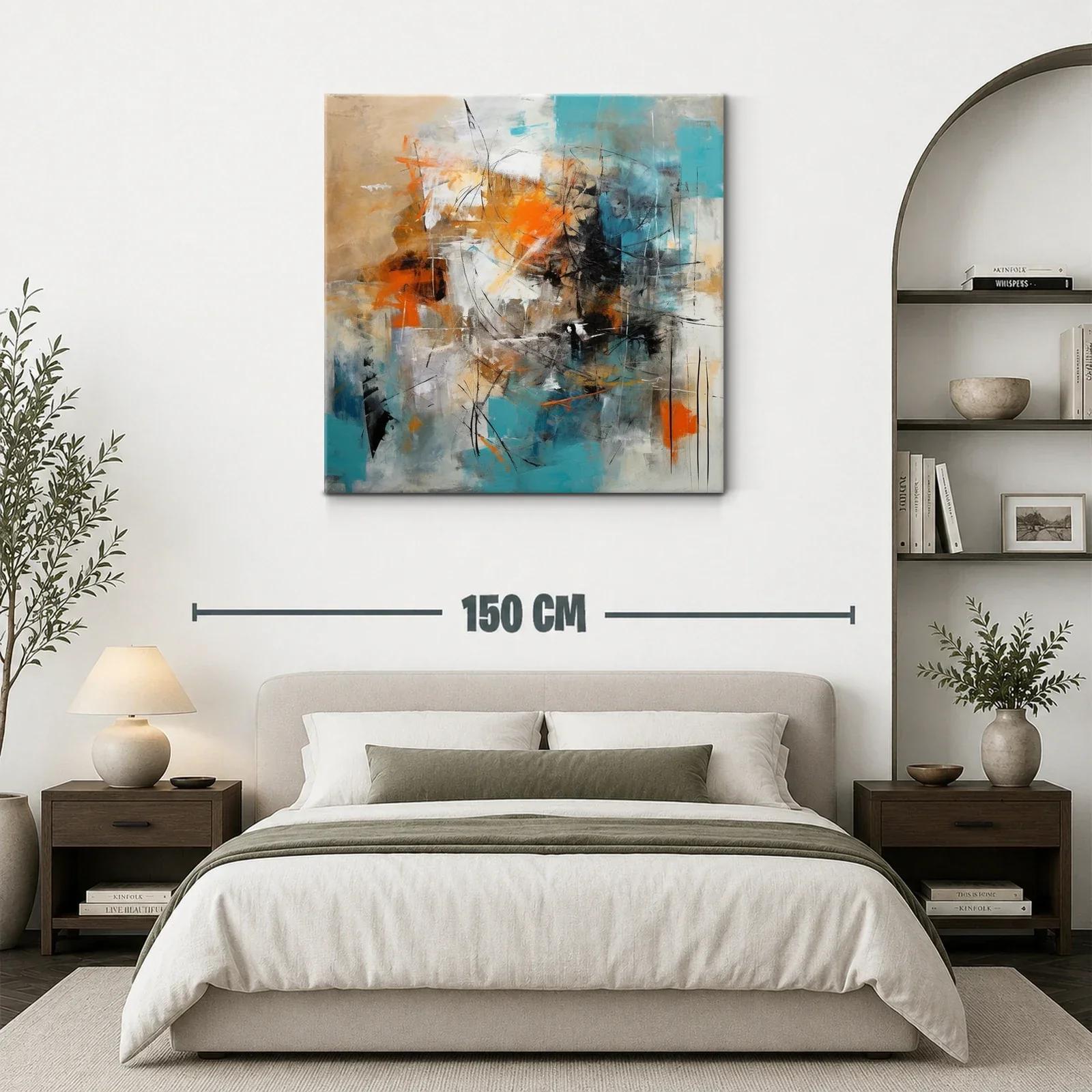 Cuadro abstracto con toques en turquesa y naranja vibrante — miniatura 3