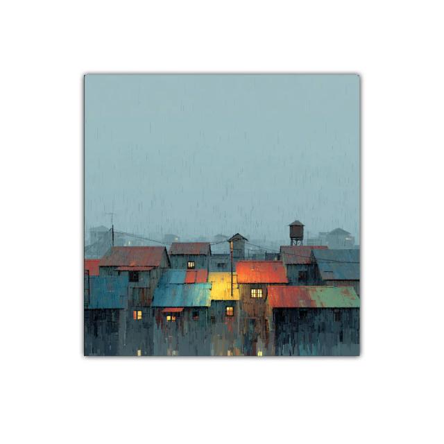 Paisaje urbano lluvioso con tejados coloridos y luz cálida