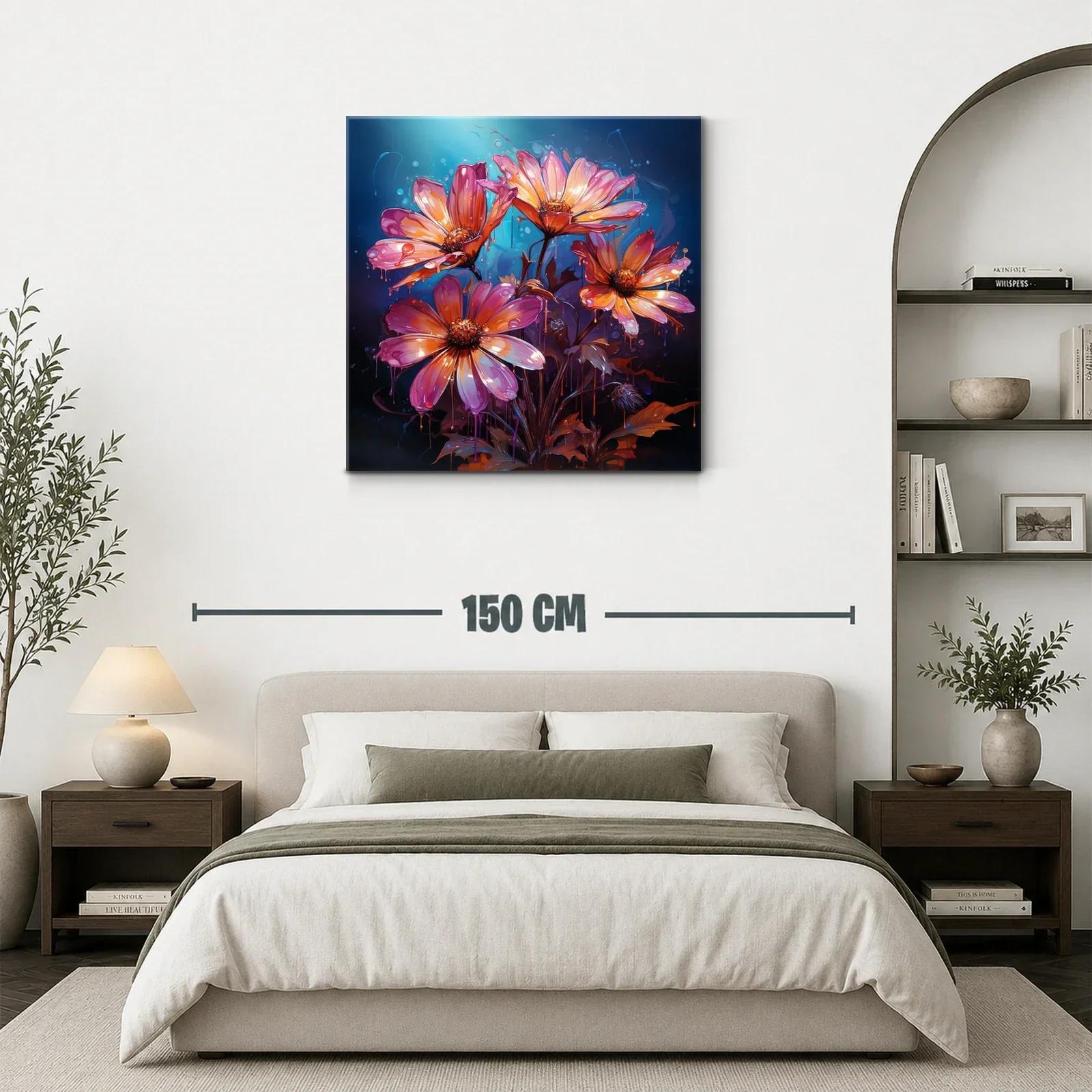 Cuadro floral vibrante con tonos cálidos y fondo azul oscuro — miniatura 3
