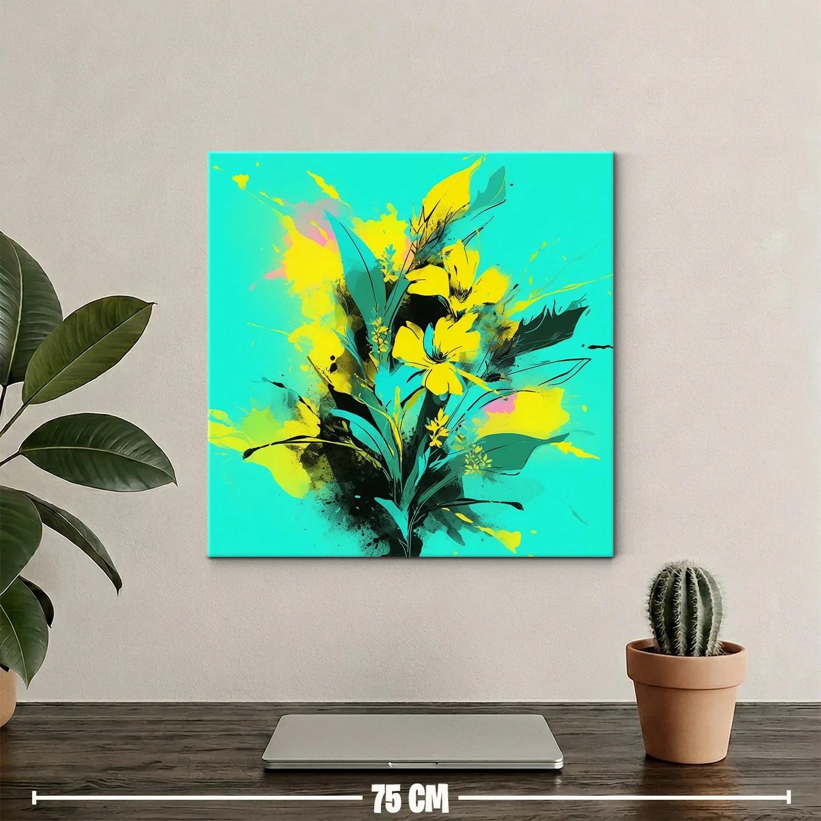 Cuadro moderno con flores amarillas vibrantes y fondo turquesa — miniatura 2