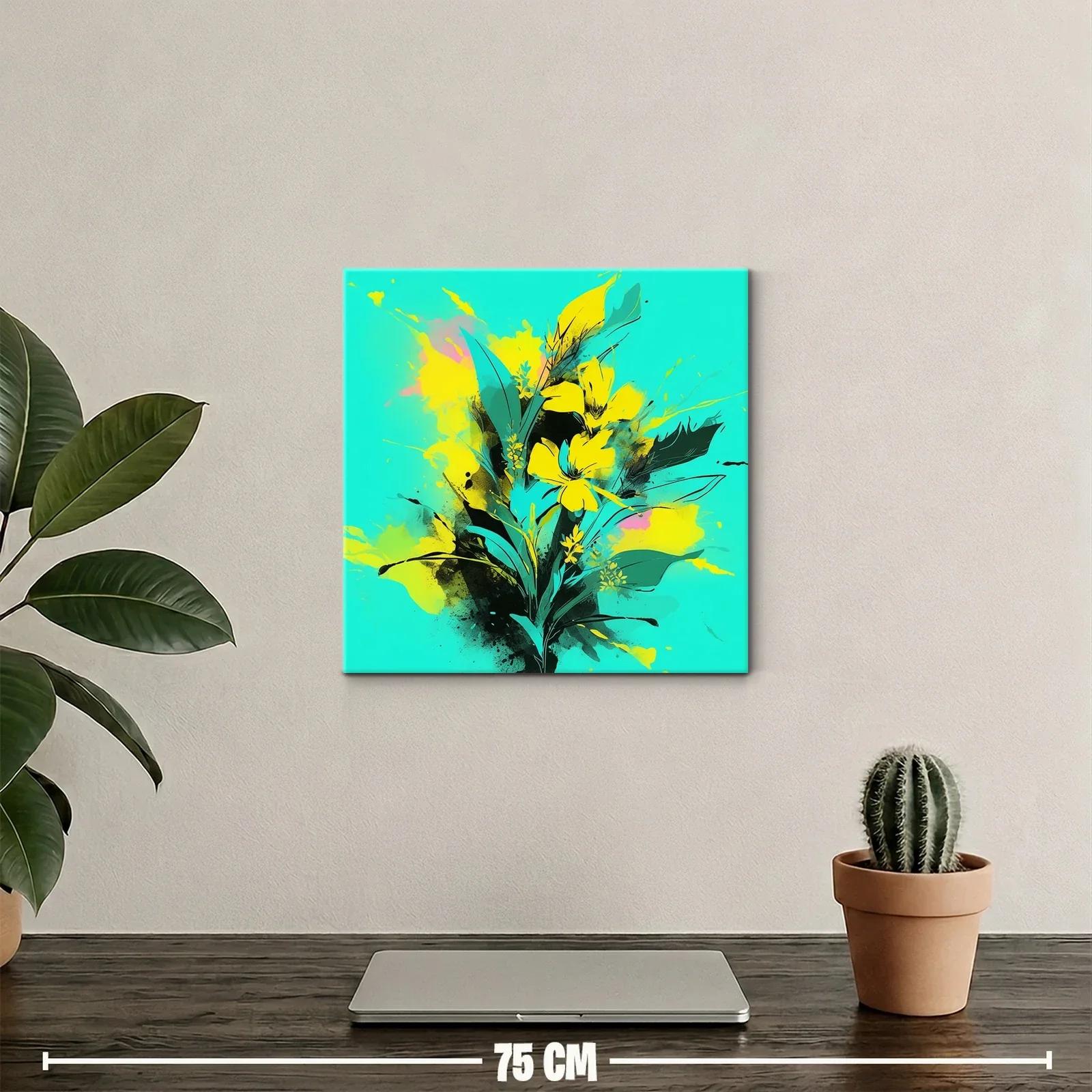 Cuadro moderno con flores amarillas vibrantes y fondo turquesa — miniatura 2