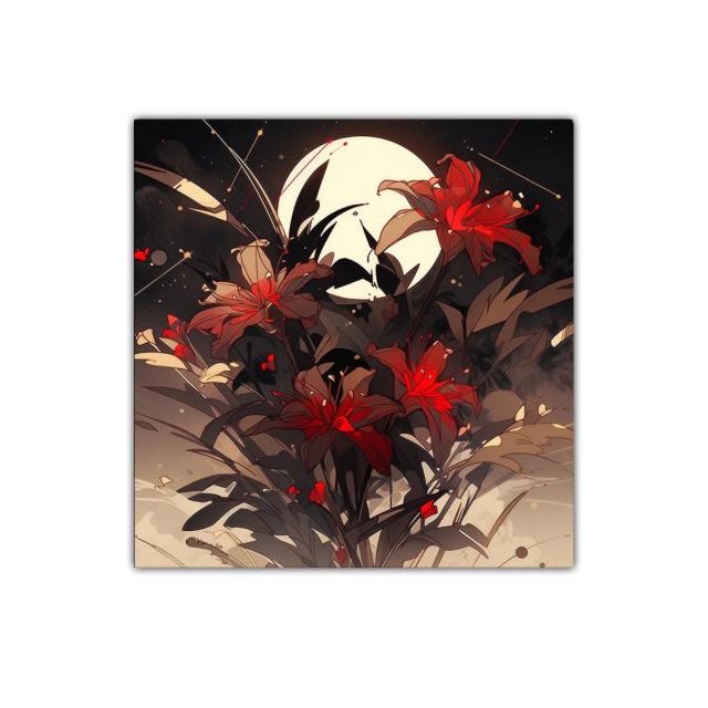 Cuadro decorativo flores rojas bajo la luna llena
